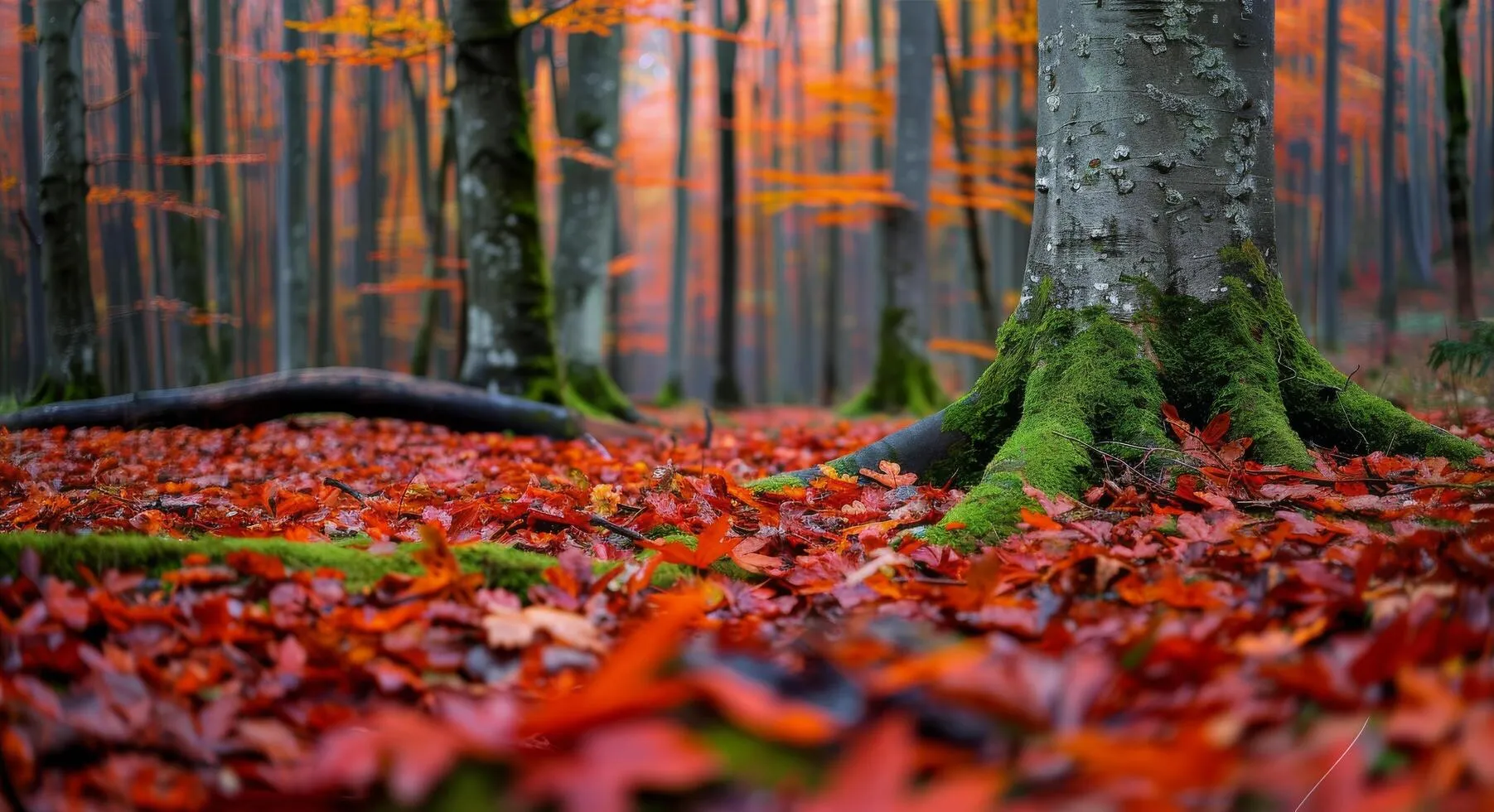 Autunno bosco con foglie a rosse